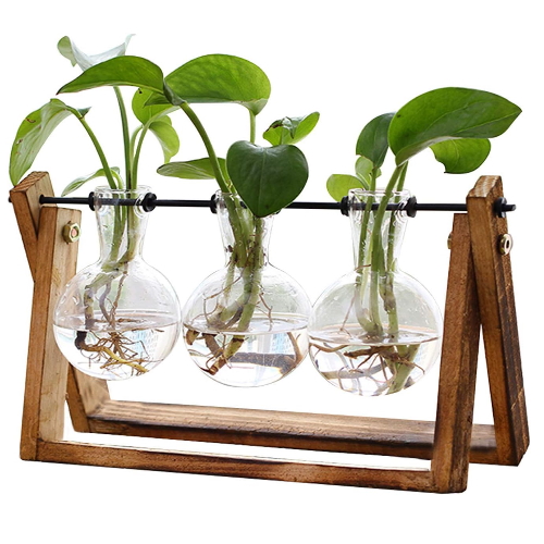 FLOWER Plant Terrarium with Wooden Stand, Air Planter Bulb Glass Vase Metal Swivel Holder Retro Tabletop for Hydroponics Home Garden Office Decoration - 3 Bulb Vase